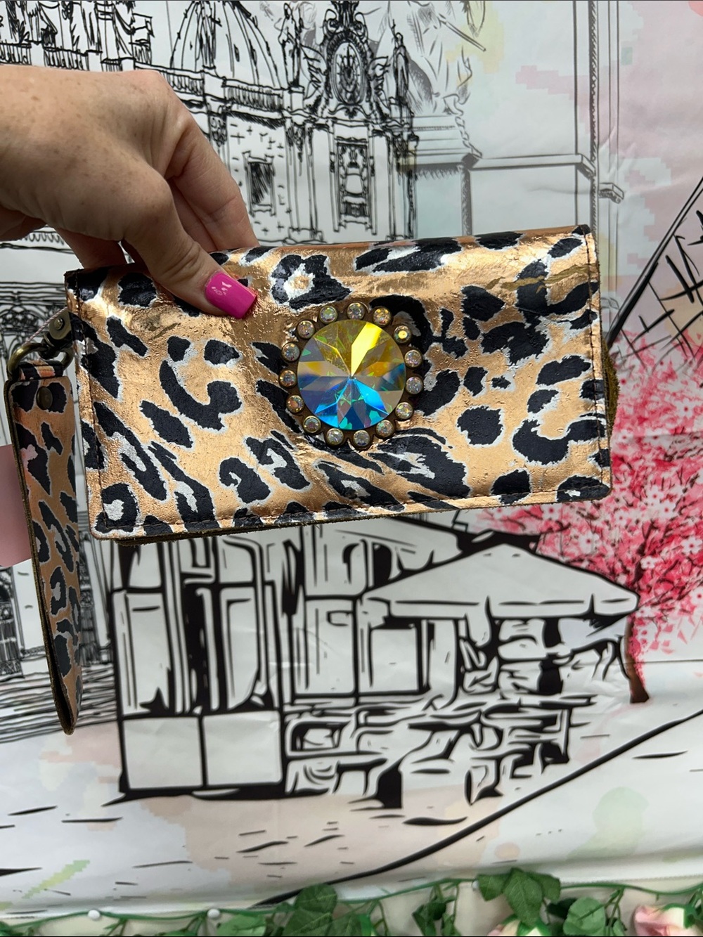 Leopard Print Wristlet Clutch with Gem Accent